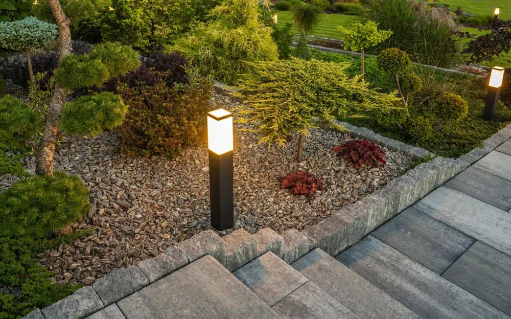 Contemporary garden with neatly trimmed shrubs, fresh mulch, and glowing square pathway lights lining stone steps, creating an inviting evening landscape.